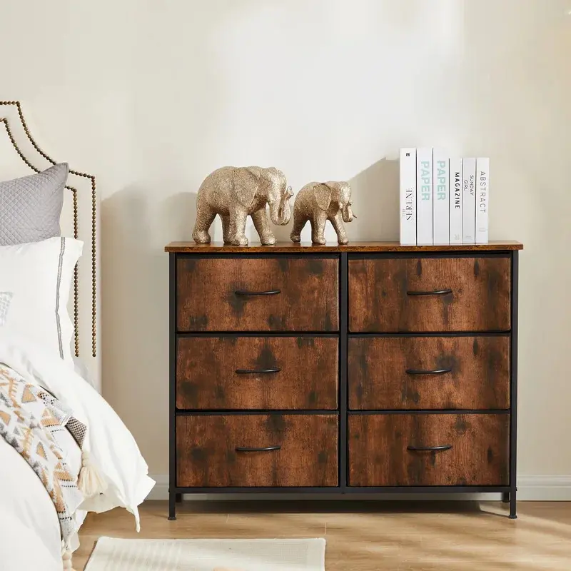 Aobtkel Wood Sturdy 6-Compartment Mini Cabinet Nightstand - Fabric Drawer Organizer with Storage Closet, Bedroom Furniture for Bedside, Corridor, Porch Sofa Table