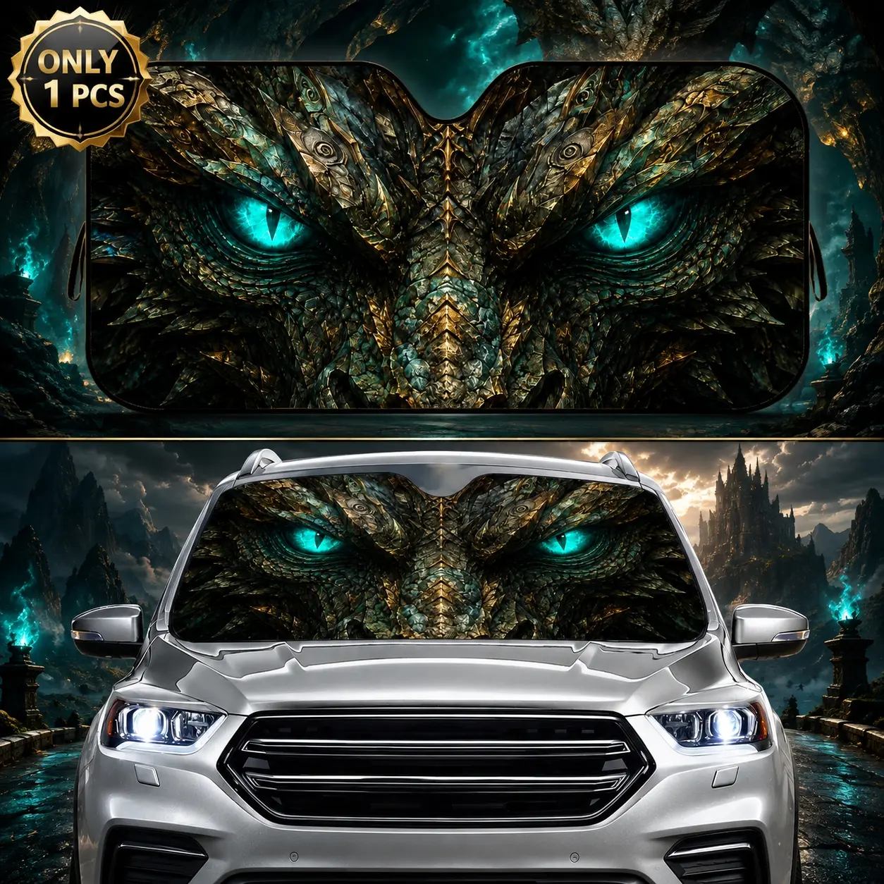 Luminous Dragon Eyes Car Windshield Sun Shade, Fierce Fantasy Dragon Design UV Protection Reflective Visor Cover, Heat Insulation Dashboard Protector, Foldable Universal Fit SUV Truck