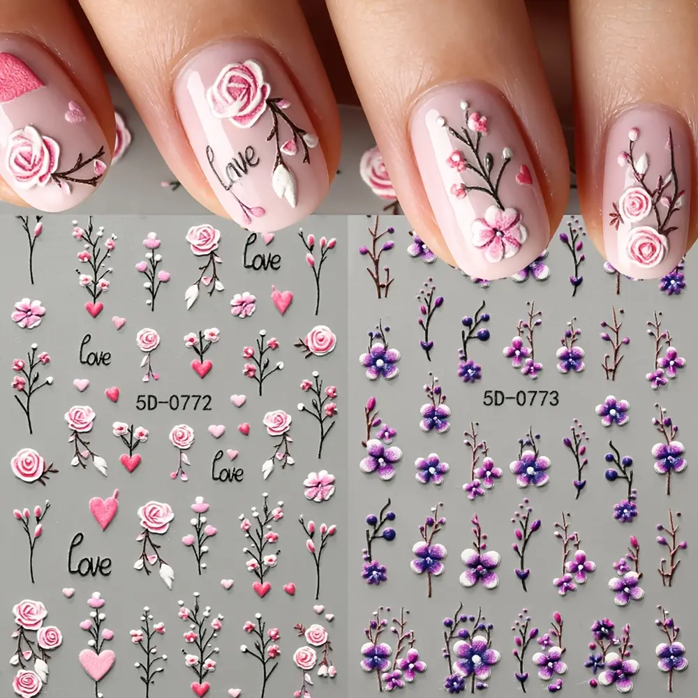 2pcs 5D Embossed Floral Nail Art Stickers Set - Featuring Pink Rose & Purple Cherry Blossom Embossed Decals, Self-adhesive Nail Stickers, DIY Nail Art Decorations,Durable Nail Decals for Hands & Feet,Nail Art Supplies for Women