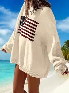 [Large Size] Usa Flag Sweater, Casual Versatile Top, Patriotic Style, Oversize, Loose, Flag Pattern, Fall Winter Sweater, National Day