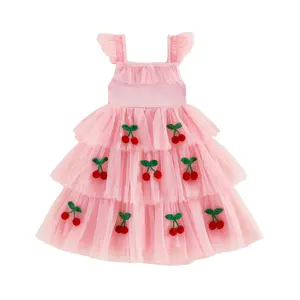 Baby Girls Sleeveless Cherry Tulle Tutu Dress Birthday Party Tulle Babydoll Dresses