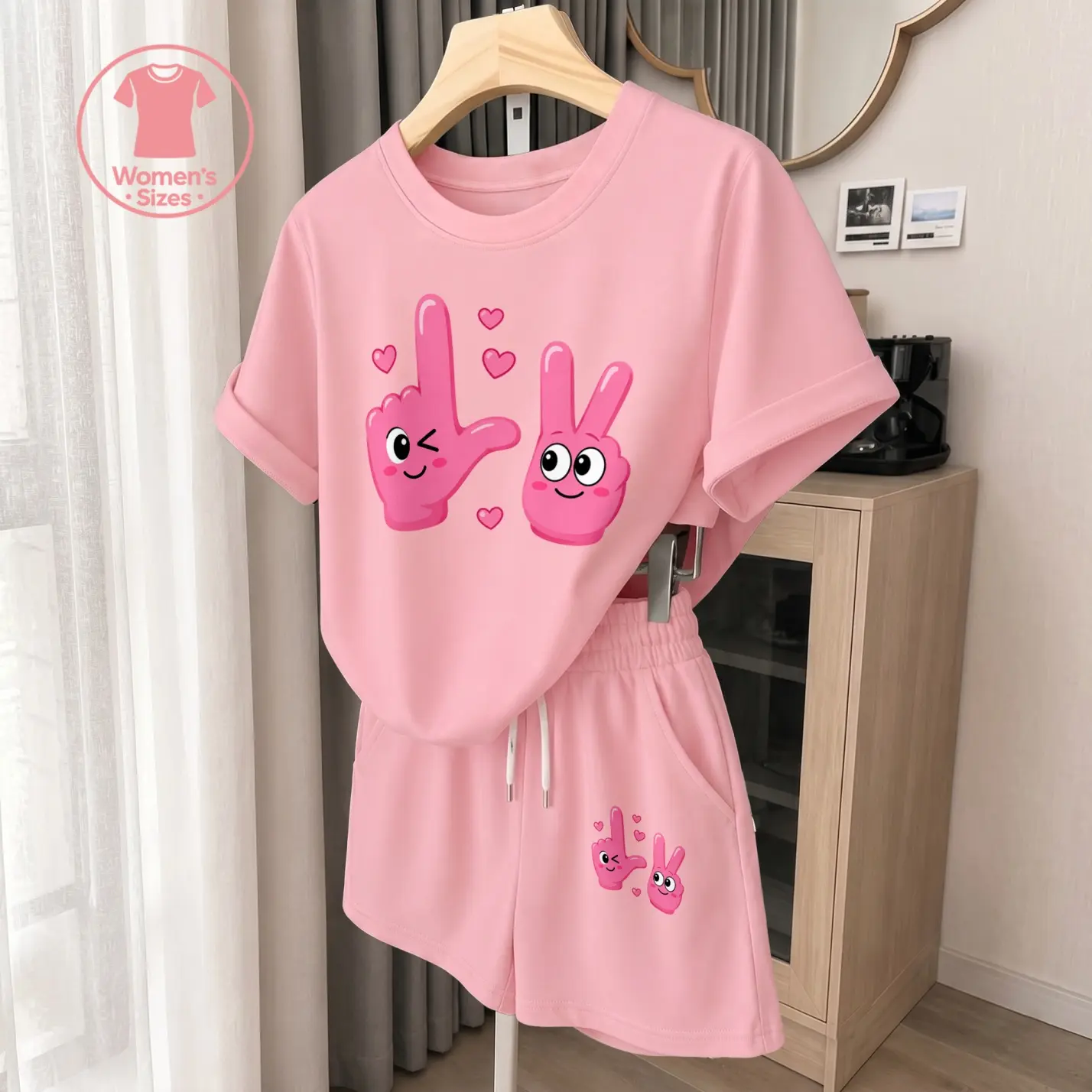 Women’s Cute Cartoon Graphic Two Piece Set, Short Sleeve T Shirt and Drawstring Shorts Outfit, Casual Summer Lounge Set for Vacation, Beach, Cruise, Travel and Daily Wear