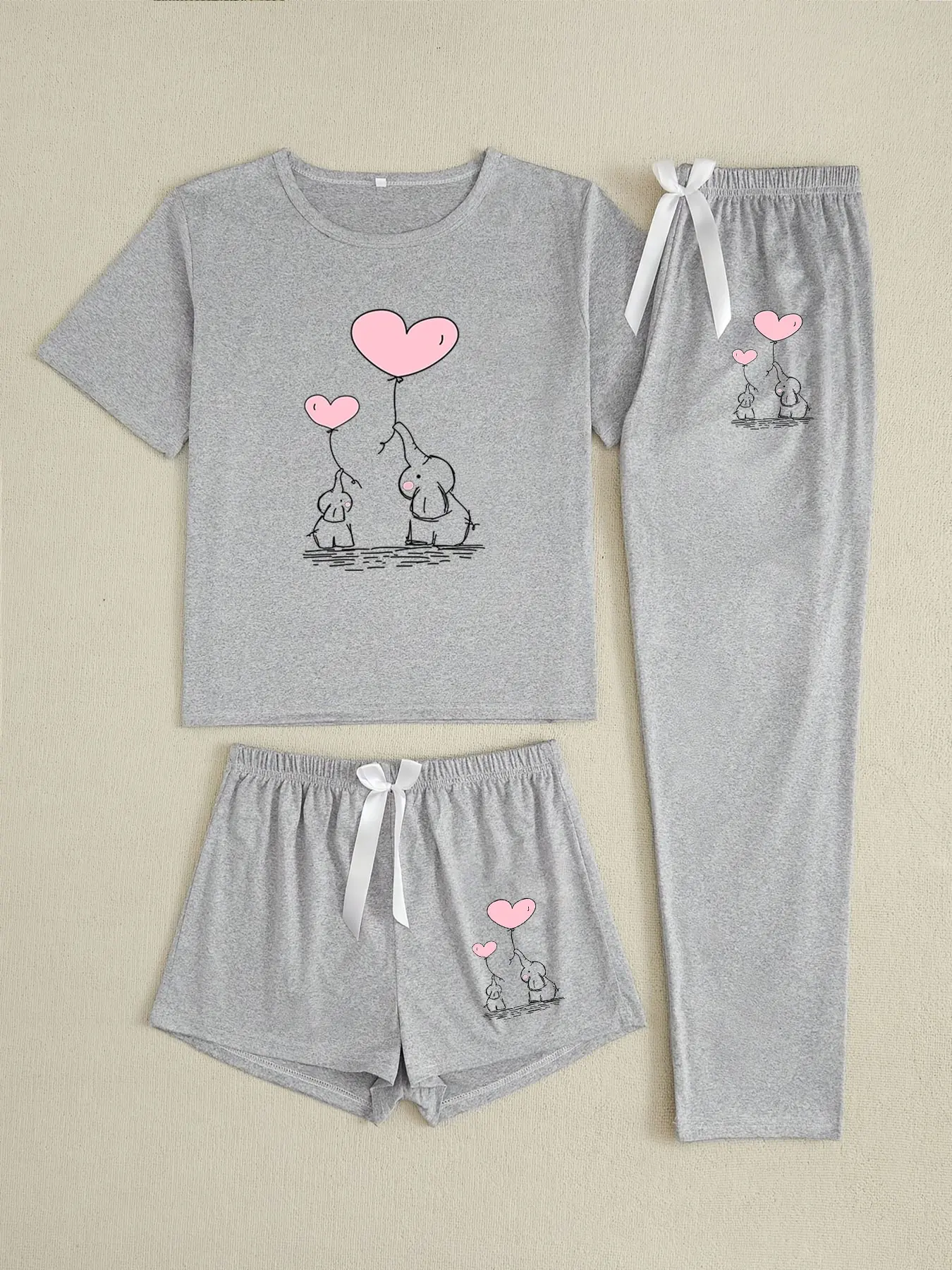 Three-Piece Pajama Set for Women, Cartoon Heart Elephant Print, Loose-Fitting Casual Sleepwear, All Seasons Comfortable Nightwear, Home Loungewear, Matching Pajamas Sets