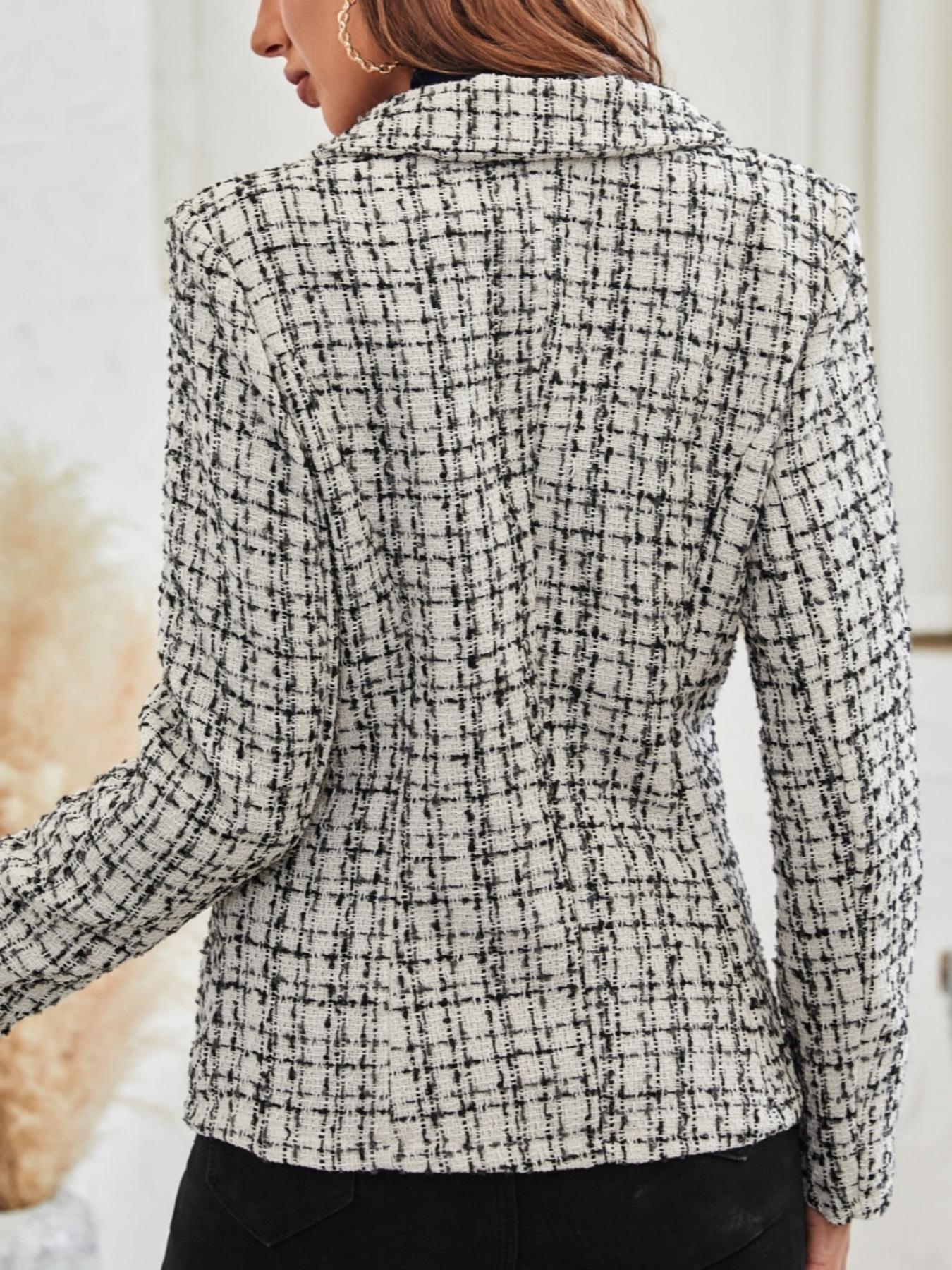Women's Plaid Print Double Button Flap Detail Lapel Trendy Blazer, Casual Long Sleeve Outerwear for Fall & Winter, Ladies Clothes for Work Office Business, Elegant