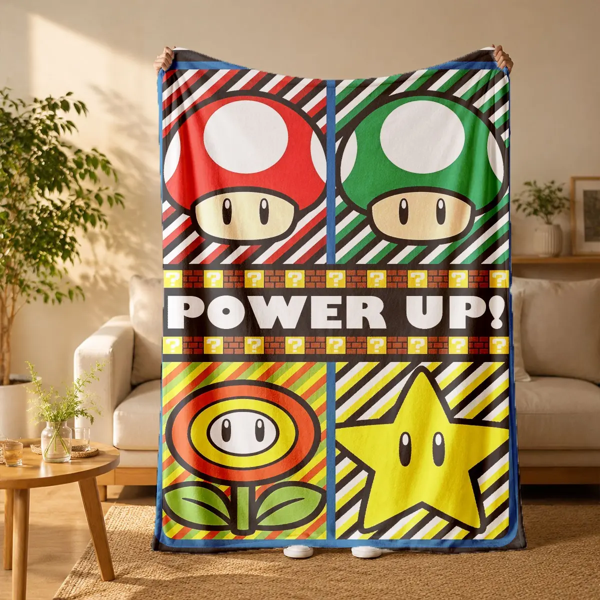 Super Mario Mushroom, Star and Fire Flower Print Flannel Blanket - Suitable for all seasons, soft, lightweight and breathable, for bedroom, seasonal and holiday decorations - Perfect for beds, sofas, offices, camping and travel