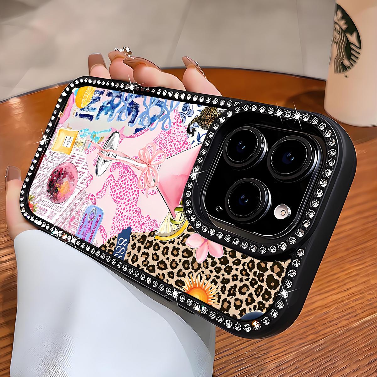 Fashion Leopard-Pattern Bling Glitter Phone Case with Sparkle Diamond , Airbag Anti-Fall Crystal Cover for iPhone 16 15 14 13 12 Pro Max Plus Girl Y2K