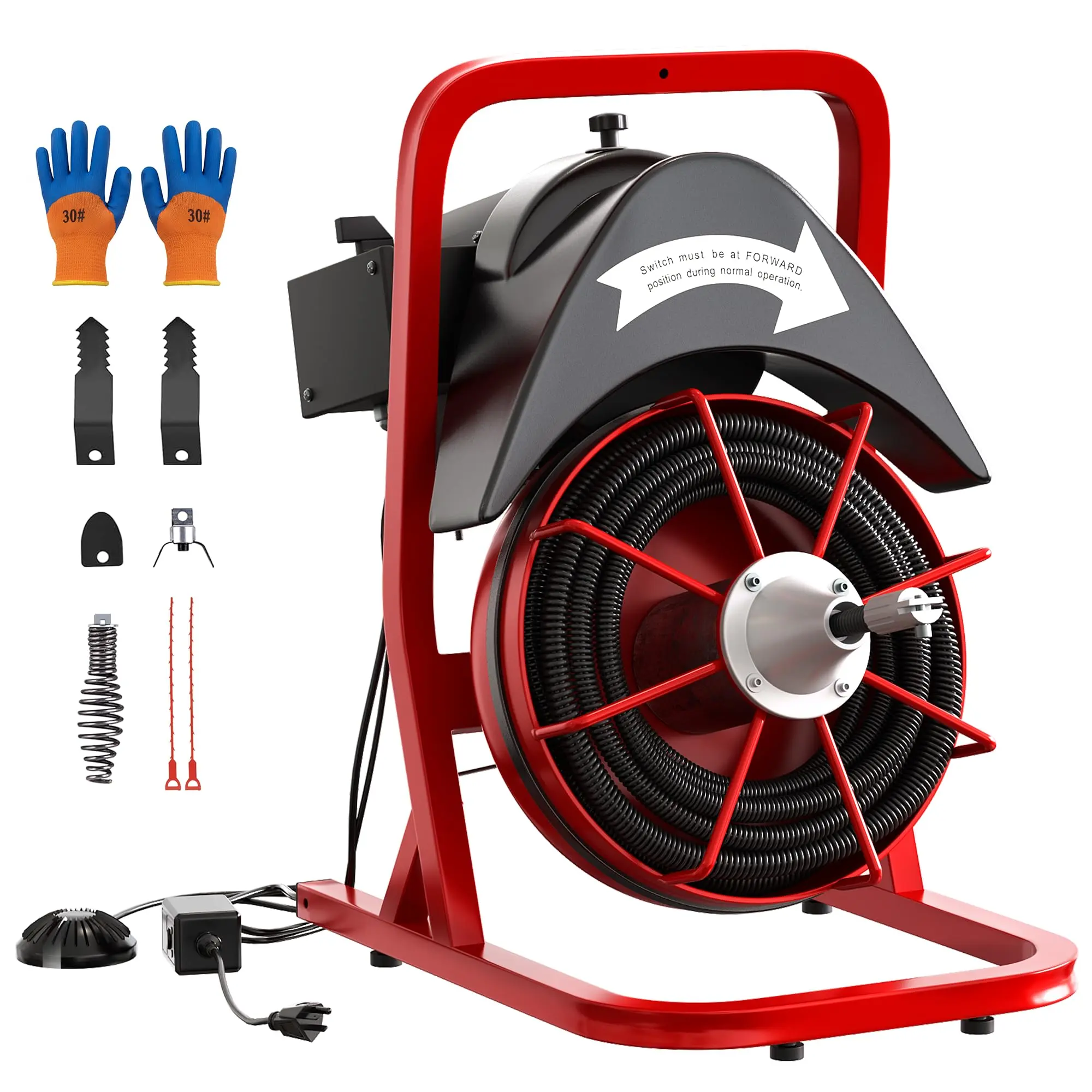 Professional Electric Drain Cleaning Machine Sewer Snake Auger Auto Feed Plumbing Cleaner with 75FT Solid Core Cable Foot Pedal Switch 6 Cutters for Main Sewer Line Clog Toilet Sink Bathtub Floor Drain Home Commercial Garage