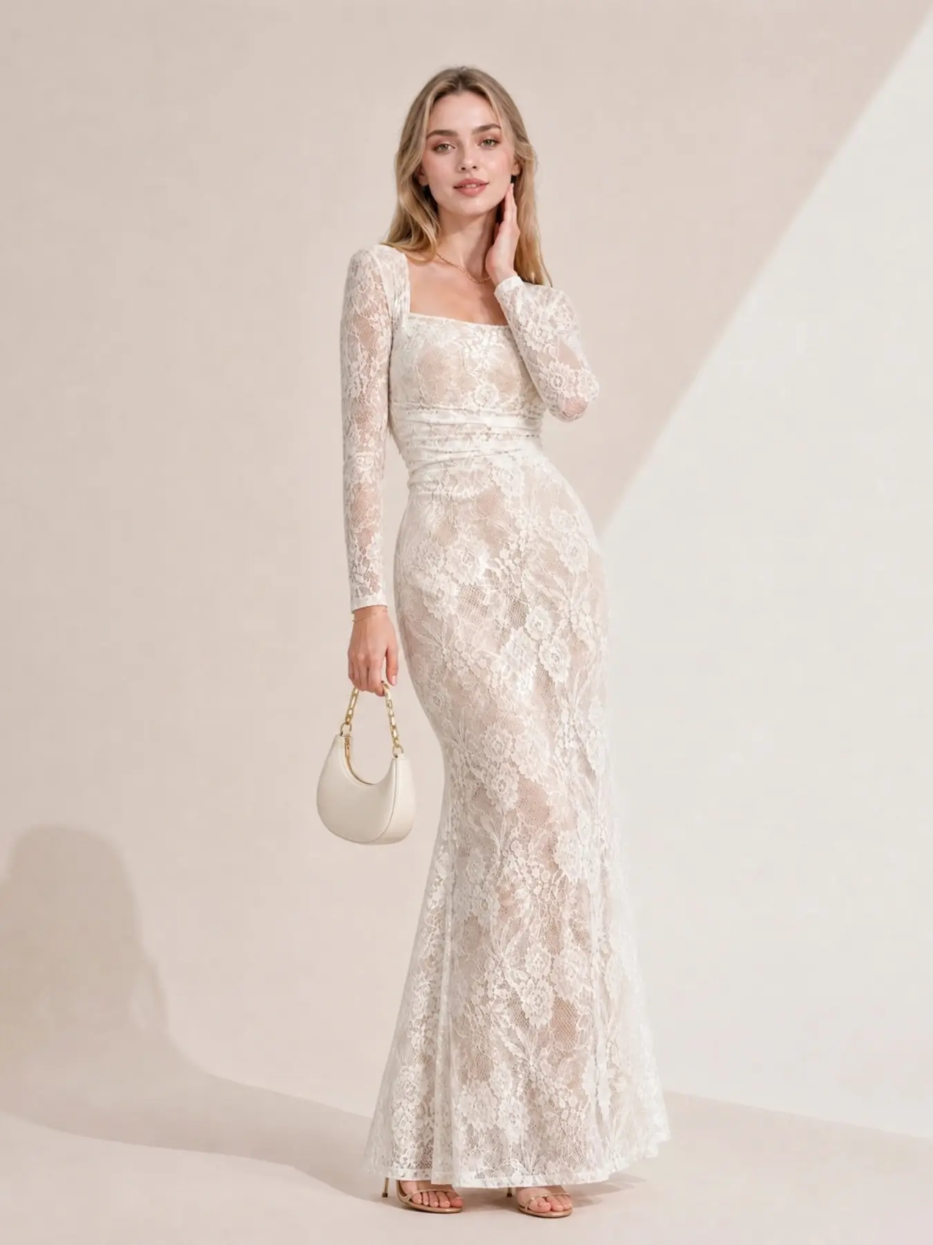 2026 New Solid Square Neck Mesh Lace Long Sleeve Mini Dress For Women, Slim Bodycon Elegant All Season One Piece Outfit Suitable For Office, Dinner, Date Night And Evening Party Events
