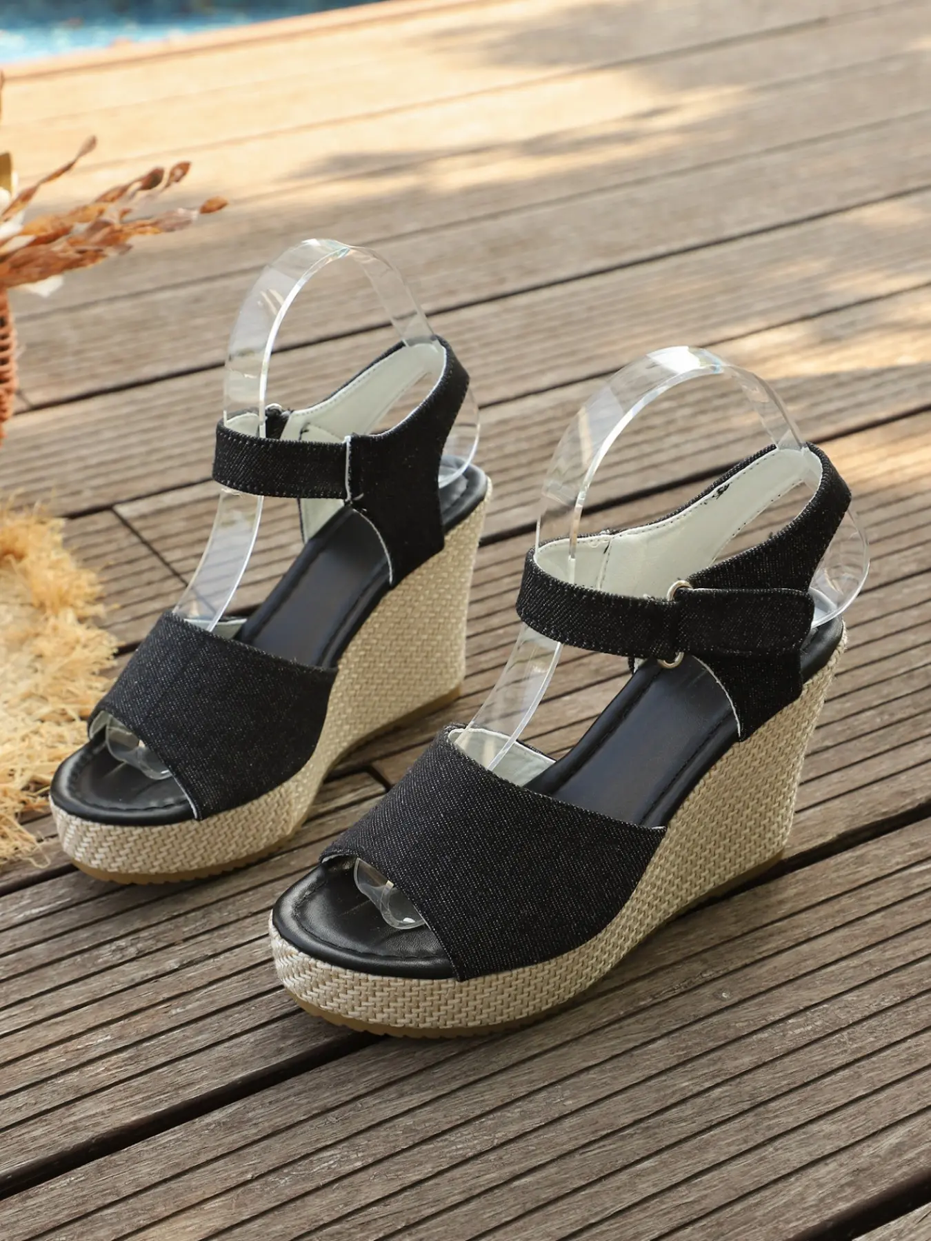 Women Linen Fabric Single Strap Open Toe Adjustable Ankle Strap Espadrille Platform Wedge Sandals, Non-Slip Cushioned Summer Casual Wedges, Beach Vacation Outdoor Travel Footwear, 2 Colors Black Beige