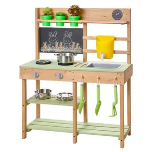 VEVOR Mud Kitchen, Outdoor Mud Kitchen for Kids, Wood Outdoor Play Kitchens with Stoves, Tank, Sink, Planting Shovels, Spatulas, Box, Cookware Pots and Accessories, Wooden Play Kitchens for Home, Lawn