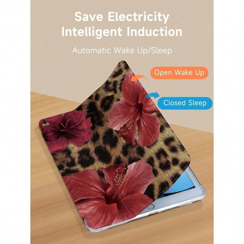 Leopard Print Floral iPad Case, Built-in Pencil Slot Adjustable Stand Auto Sleep/Wake, Lightweight Durable Soft Edge for iPad 10th/11th Gen/A16/Air 13/11-inch/Pro 11-inch/2025 & Galaxy Tab S9 FE+ 12.4-inch, Unisex Back-to-School Valentine’s Day Gift