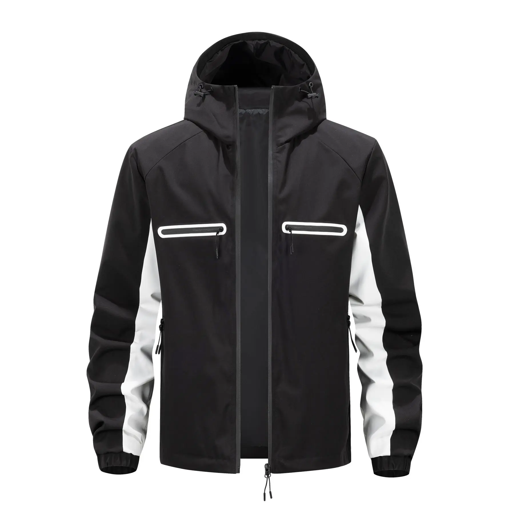 Men's Stylish Techwear Hooded Windproof Windbreaker Coat - Polyester Sports Clothes Tops, Casual Urban Fit, Color Block Design, 2 Zipper Pockets, Light Layer, Spring & Fall Wear