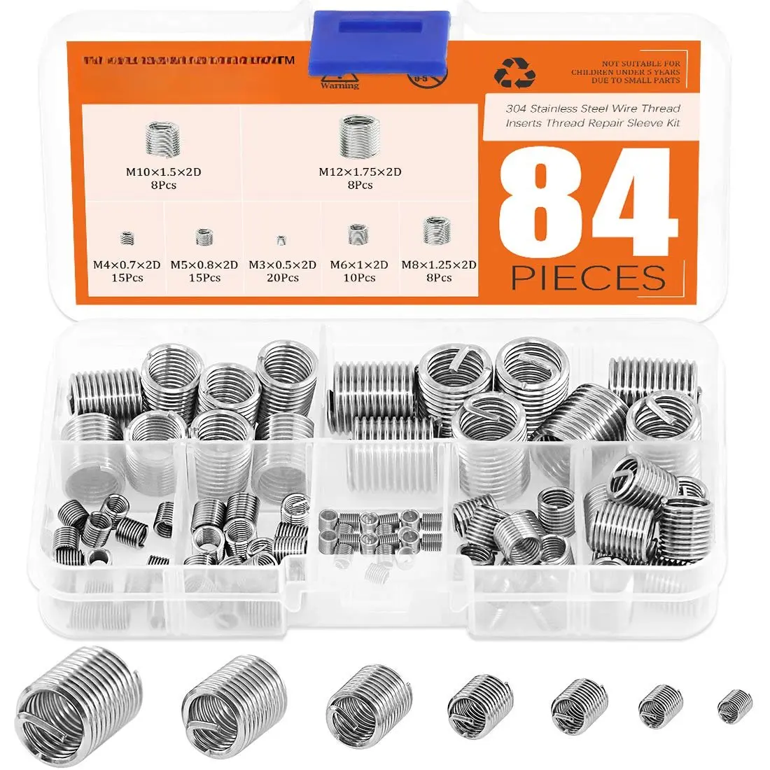 84 count 304 Stainless Steel Metric M3 M4 M5 M6 M8 M10 M12 Wire Thread Inserts Steel Sheath Helicoil Type Screw Repair Sleeve  Kit