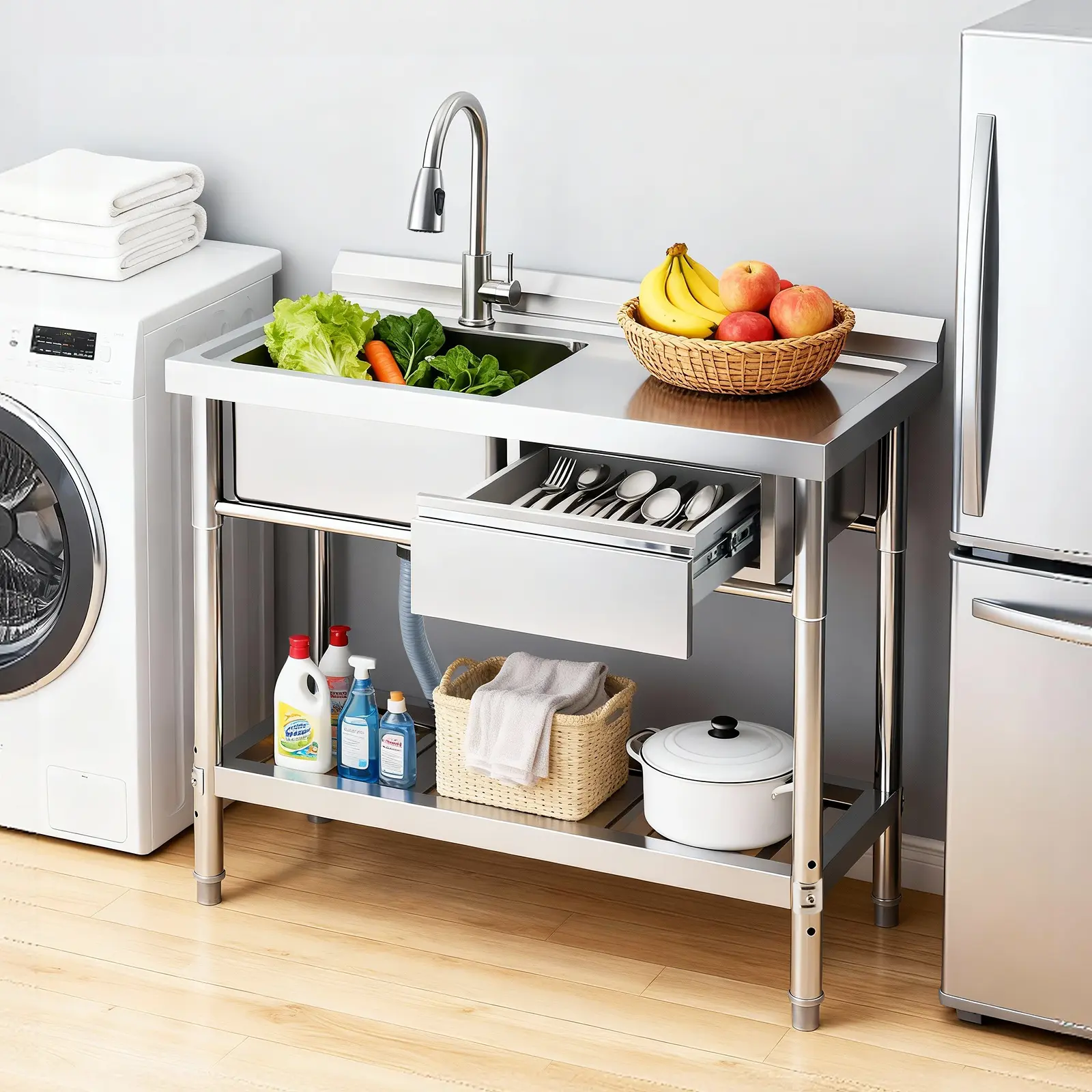 Stainless Steel Utility Sink with Workbench & Drawer, 39x20 in Freestanding Single Bowl Kitchen Sink with Pull Out Faucet, Hot and Cold Water Pipes for Garage Basement Shop