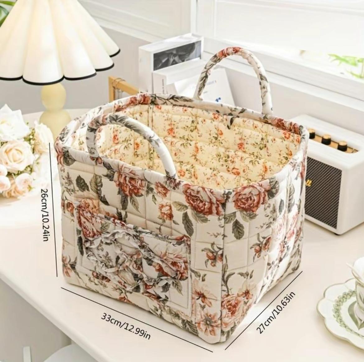 Floral Pattern Collapsible Storage Basket with Handle Home Organizer Bin for Living Room Bedroom Dorm Office Foldable Storage Box for Massager Headphones Toys Clothes 1 Pack