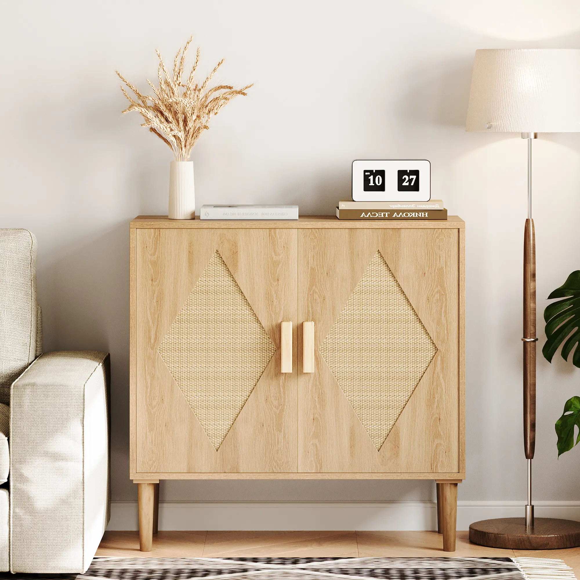 Modern Wooden Sideboard Buffet Cabinet – Rattan Double Doors – Adjustable Shelf & Ample Storage – Accent Storage for Dining Room, Living Room, Entryway, or Hallway