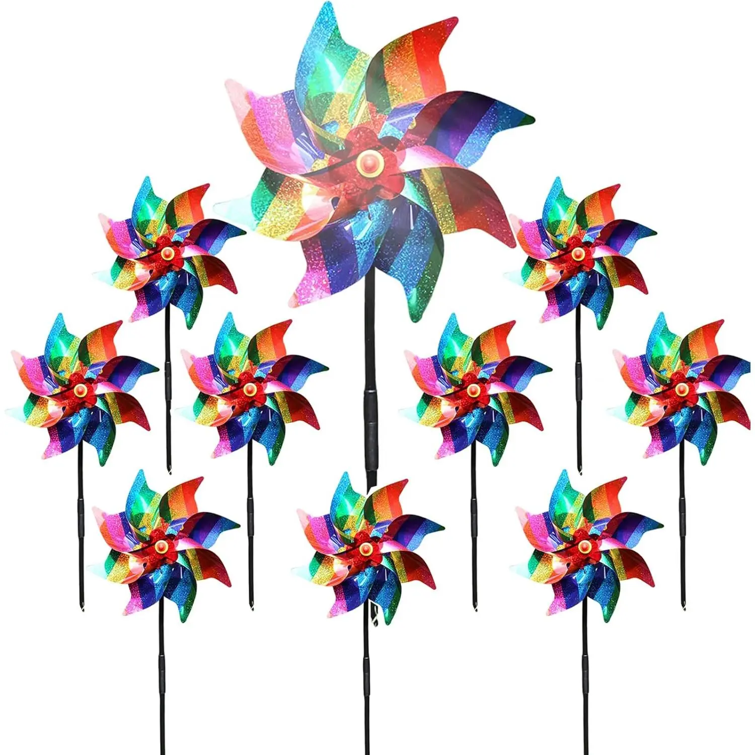 10 Pieces 21 Inches Rainbow Reflective Pinwheels with Stakes Windmill Wind Spinners Outdoor for Yard Garden Lawn Farm Decor Bird Repellent, Large Plastic Foil Pin Wheels for Birds Animal Deterrent