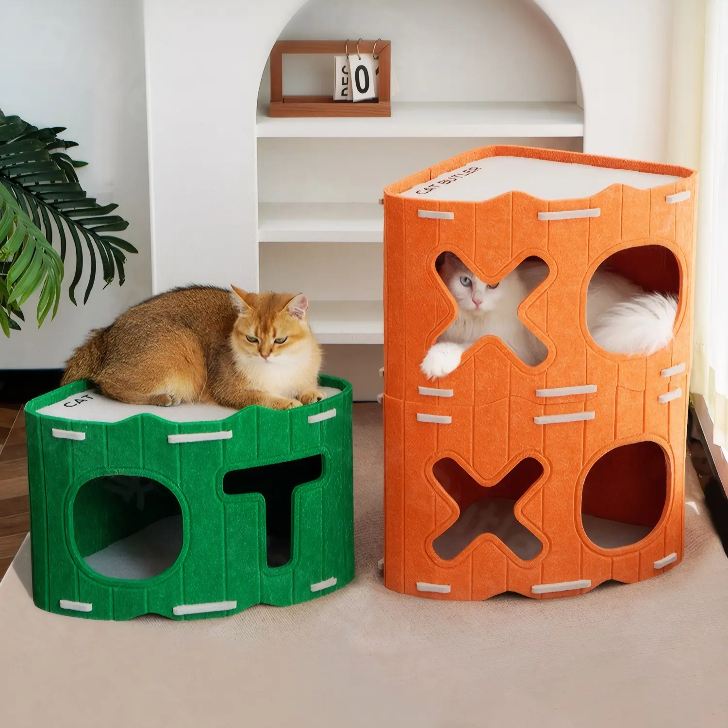 Stackable Cat House for Kittens & Cats w/ Scratching Post Board - Easy Setup Multi-Level Condo, Detachable Thick Felt Cave (No Shedding) | Pet-Friendly Velvet Felt House Integrated Claw Grinding Pad