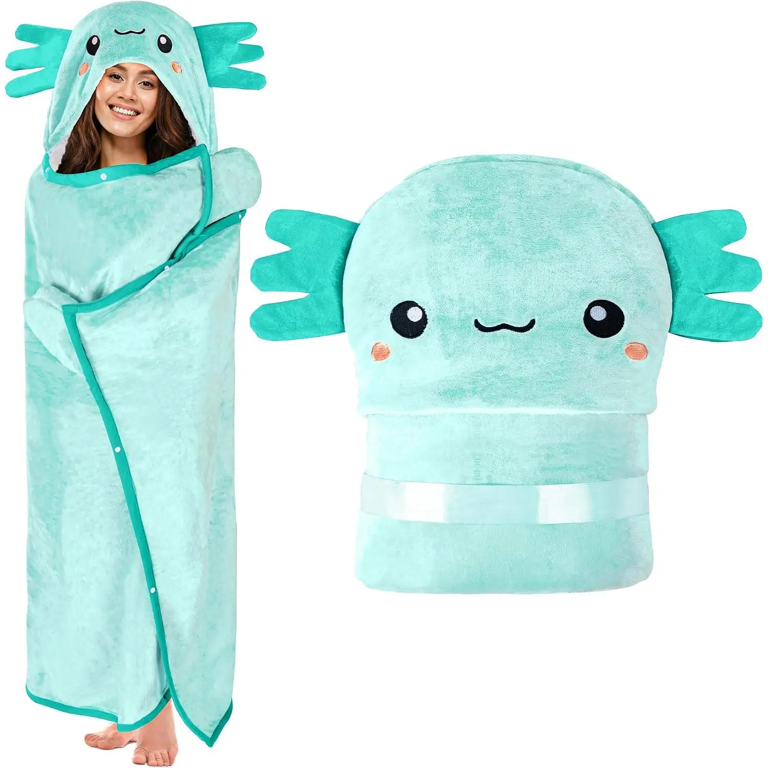 Adult Axolotl Wearable Hooded Blanket - Super Soft, Warm, Cozy Modern Large Size Plush Flannel Fleece & Sherpa Hoodie Throw Cloak Wrap - Machine Washable Axolotl Gifts for Women, Indoor/Outdoor