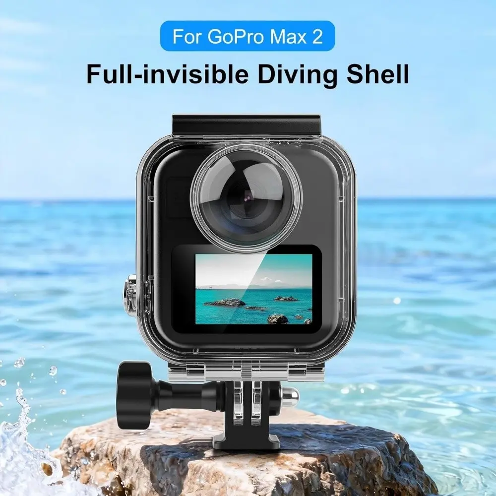 Waterproof Case for Gopro Max2, 45m Underwater Diving Housing, Tempered Glass Lens, Metal Buttons, Anti-Fog Pads for Snorkeling Surfing Skiing