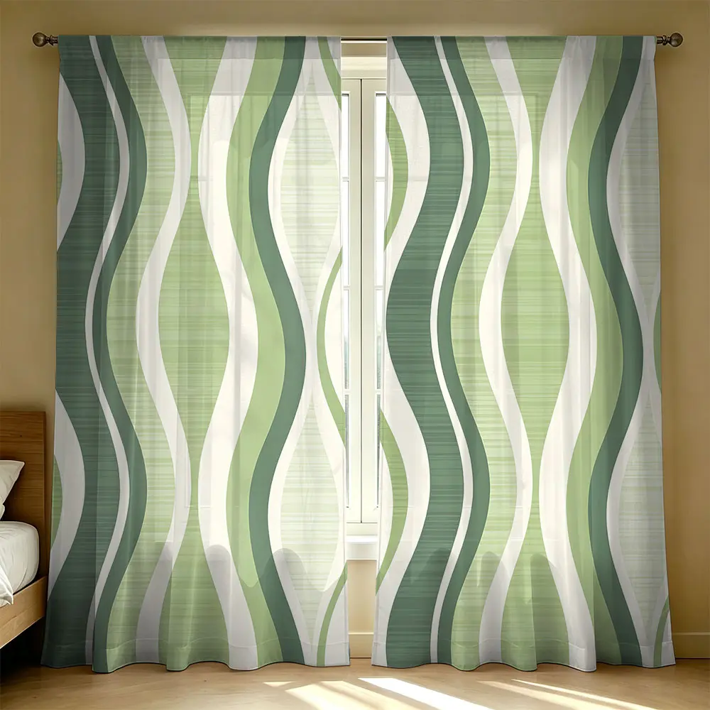 2Panels Green Wave Print Light Filtering Sheer Curtains,with Rod Pocket Design Semi-Transparent Drapes for Bedroom Living Room Home Decor