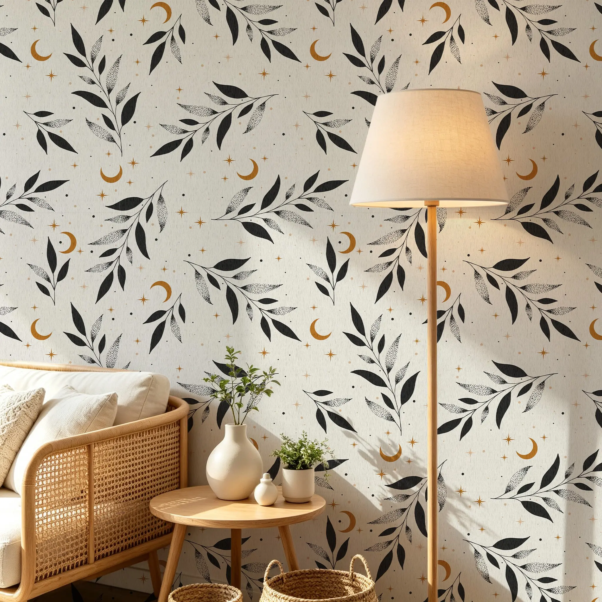 44.5cm/17.5in Wide Boho Leaf Moon Star Peel and Stick Wallpaper, Waterproof Linen Textured Self-Adhesive Contact Paper, Easy Cut Seamless Splicing Wall Decor for Bedroom, Living Room & Furniture Makeover