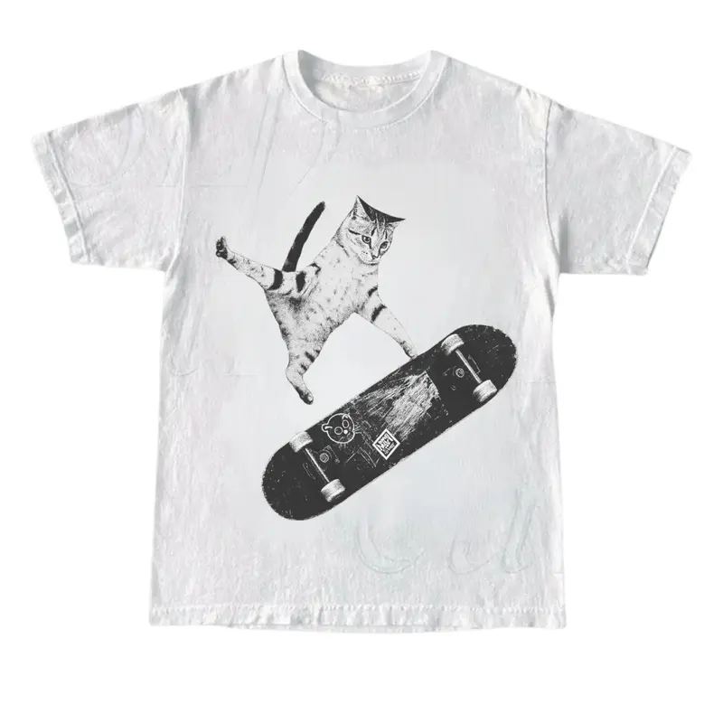 Vintage Style Emo Skater Cat Graphic Tshirt Casual Crewneck, Fantasy Kitten Tshirt, Cute Cat Shirt, Love Cat Tshirt, Meme Cringe Funny Dumb Shirts, Unisex Shirt Menswear Womenswear Streetwear