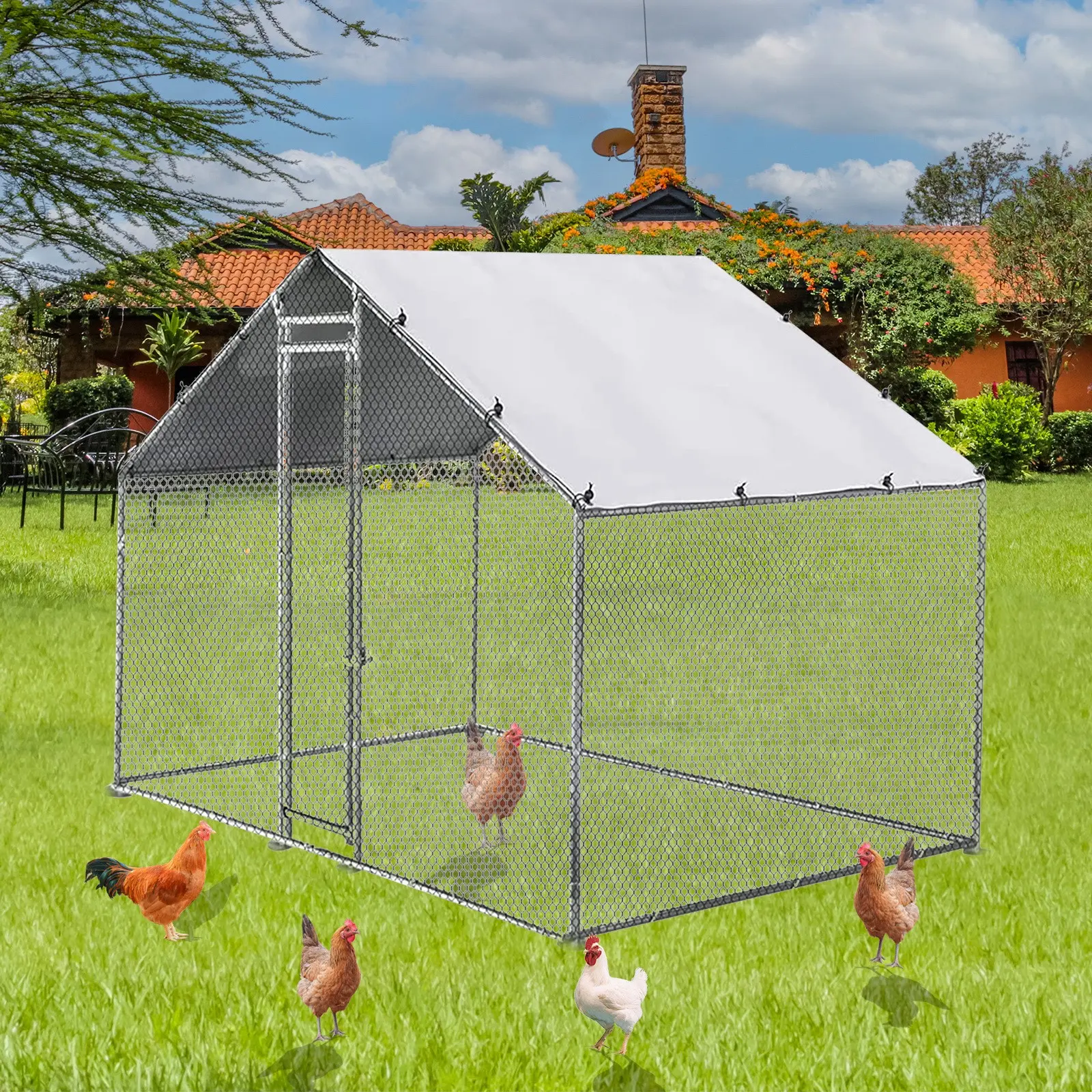 1 x Galvanized Steel Metal Chicken Coop (9.8x6.6 FT), Walk-In Poultry Run with UV-Protection Cover, Backyard Farm Hen House; Requires Assembly for Outdoor Furniture Setup