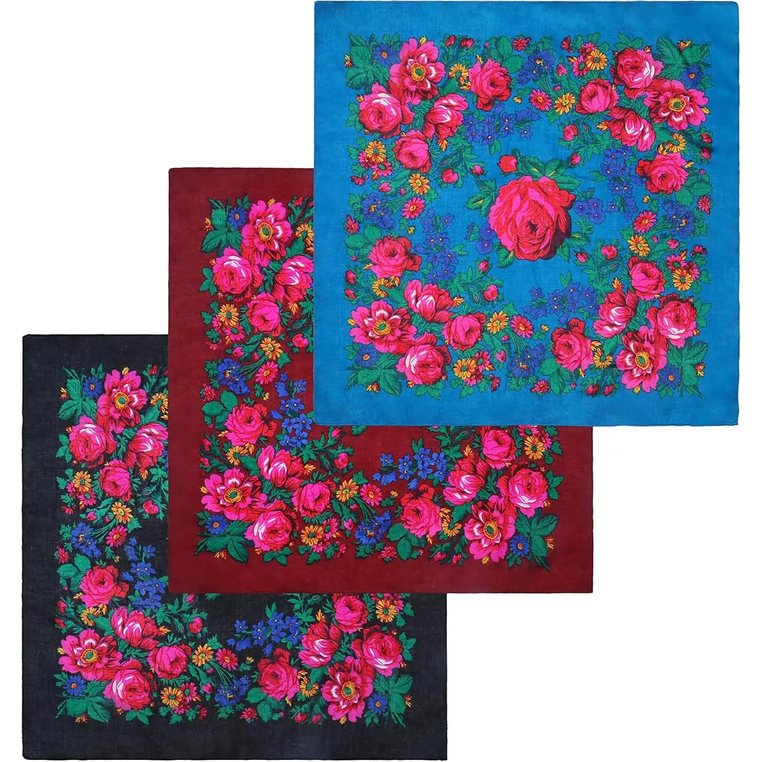 Bandana Printed Hair Scarf Square Ukrainian  Scarf Floral Babushka  Scarf for Women 30"/42"/60"