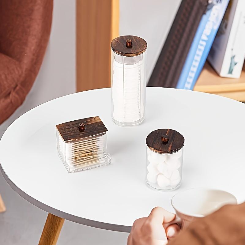 Clear Storage Box with Wooden Lid, 3 Counts Cotton Balls Cotton Swabs Storage Box, Household Storage Box for Home Dormitory Bathroom Hotel, Bathroom Counter Organizer