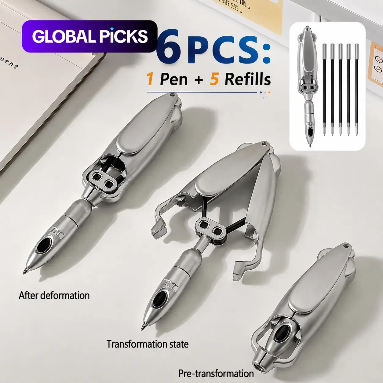 Fun Squid-Shaped Transforming Ballpoint Pen Writing Stationery | 6PCS Set (1 Pen + 5 Refills) | Stress Relief Fidget Toy for Desk #GLOBAL PICKS