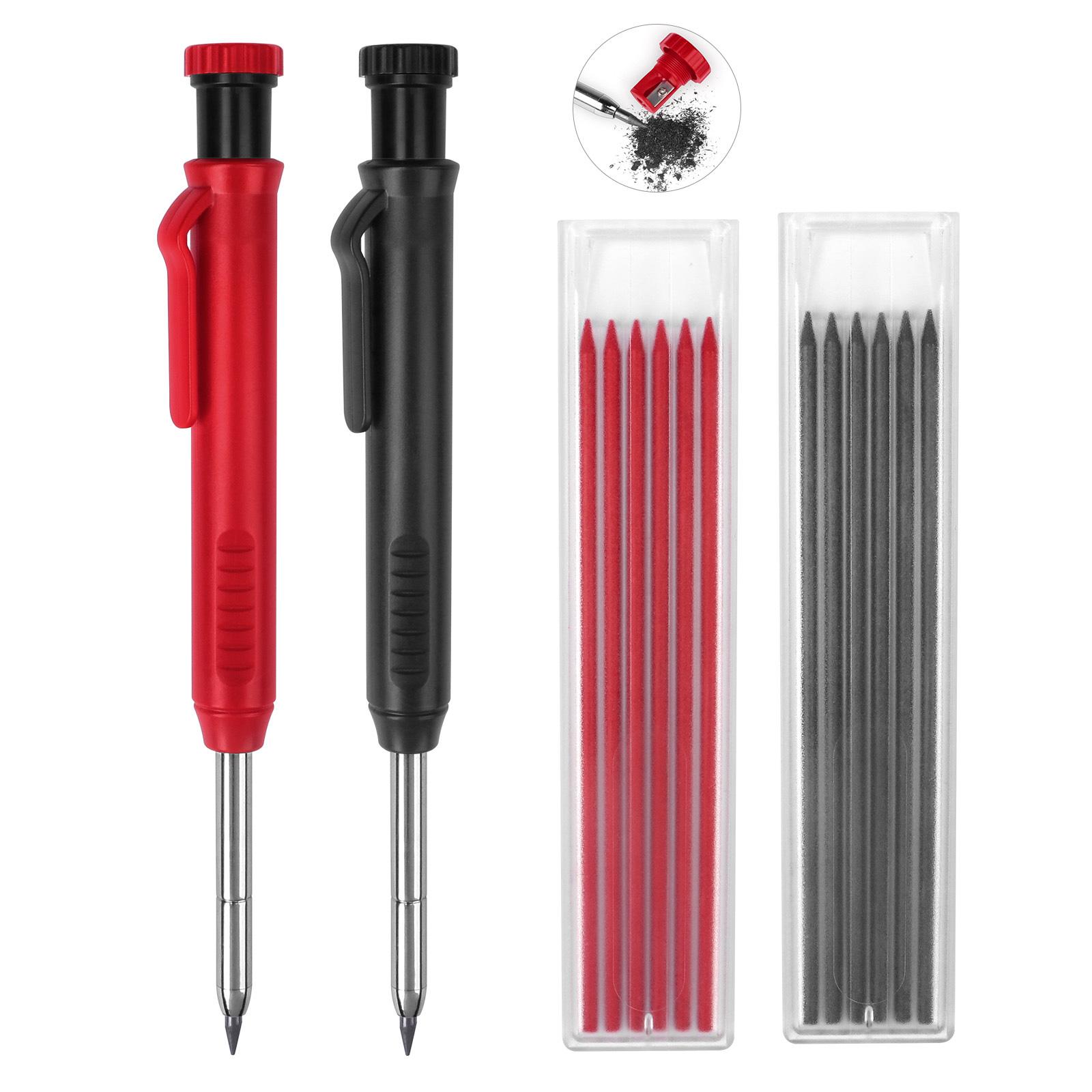 Mechanical Pencil Set, Mechanical Drawing Pencils, carpenter pencil sets, 2 Carpenter Pencils and 12 pen refills, Construction pencils for construction and woodworking, deep hole marking, durable construction tools, black and red with box
