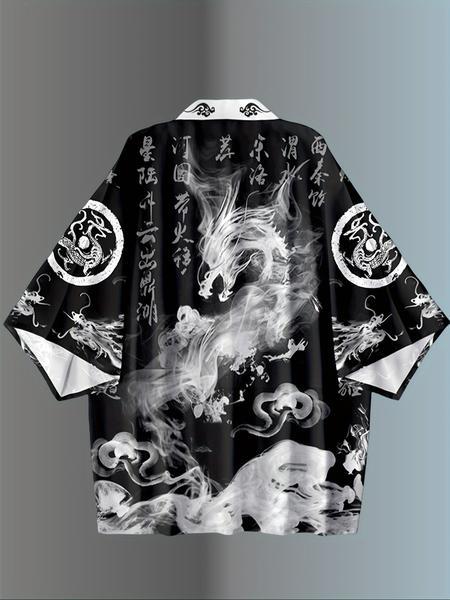 Men's Hanfu Open Front Cardigan, Loose Fit Lightweight Breathable Kimono Style Shirt, Japanese Dragon Print Streetwear Casual Wear Men's Hanfu Open Front Cardigan, Loose Fit Lightweight Breathable Kimono Style Shirt, Japanese Dragon Print Streetwear Casual Wear