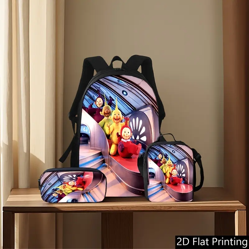 Durable Water Resistant 3-Piece Backpack Set for Kids, Lightweight School Bag with Lunch Box, Colorful Tunnel Background Teletubbies Cute Cartoon Graphic Print, Spacious 15in Laptop Pocket & Soft Breathable Padded Straps