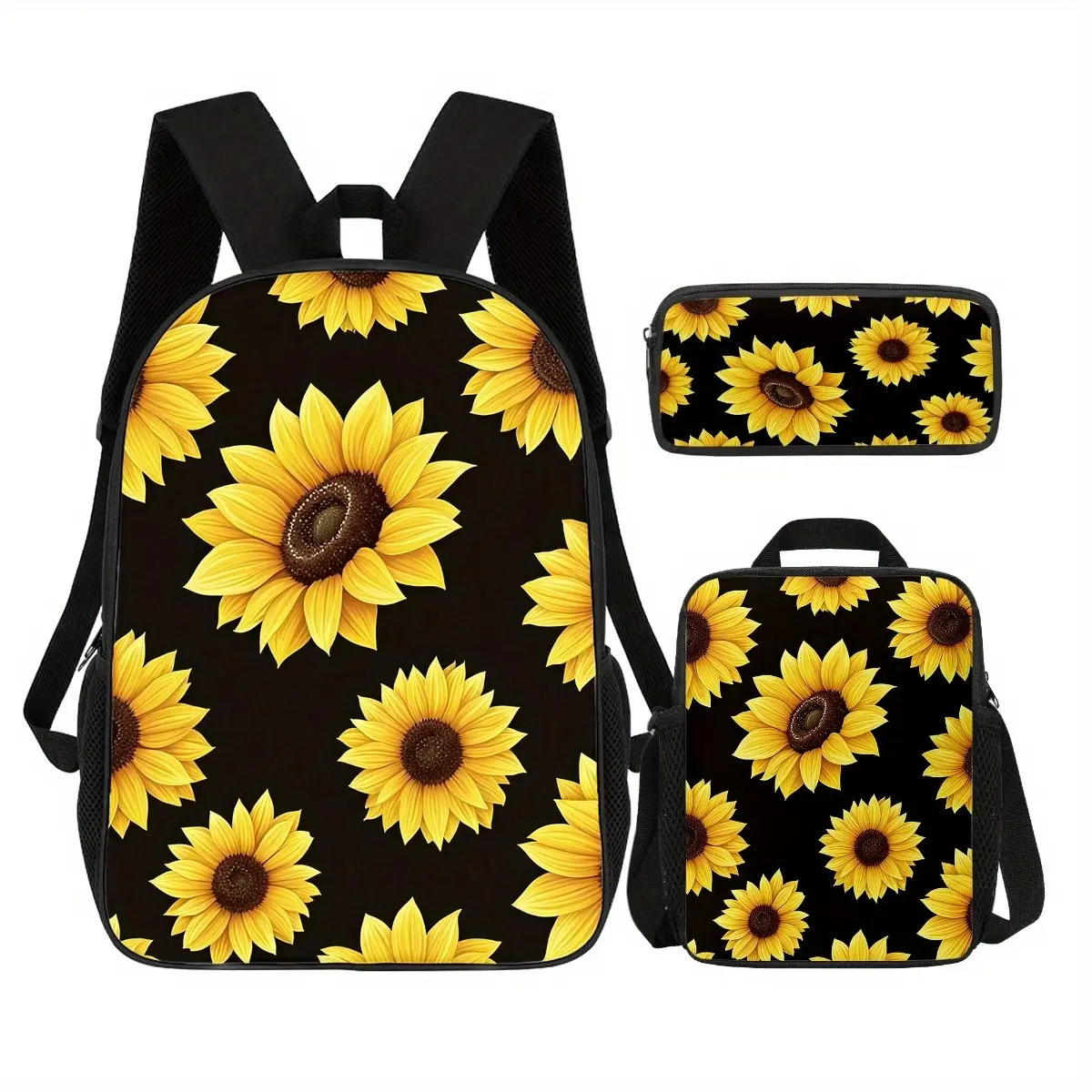 3pcs Sunflower Print Backpack for Men Women, Includes 17.1 Inch Durable Large-Capacity Bookpack & Insulated LunchBox & Versatile Pencil Pouch, Perfect for Learning Outdoor Work Commute Travel Meals Getaways Christmas Birthday Gifts