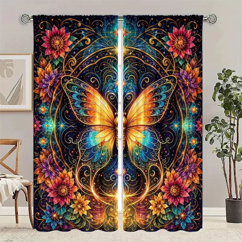 2 pieces of high-definition digital neon mandala butterfly flower printed decorative curtains, Window drapes, semi-transparent privacy protection, fade-resistant, easy to clean, suitable for home decoration