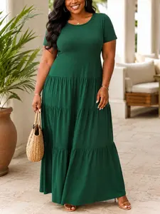 Women's Casual Long Dress, Round Neck High Waist Layered Skirt, Comfortable Loose Fit, Ideal for Beach Trip, Street Style, Party, Weekend Wear