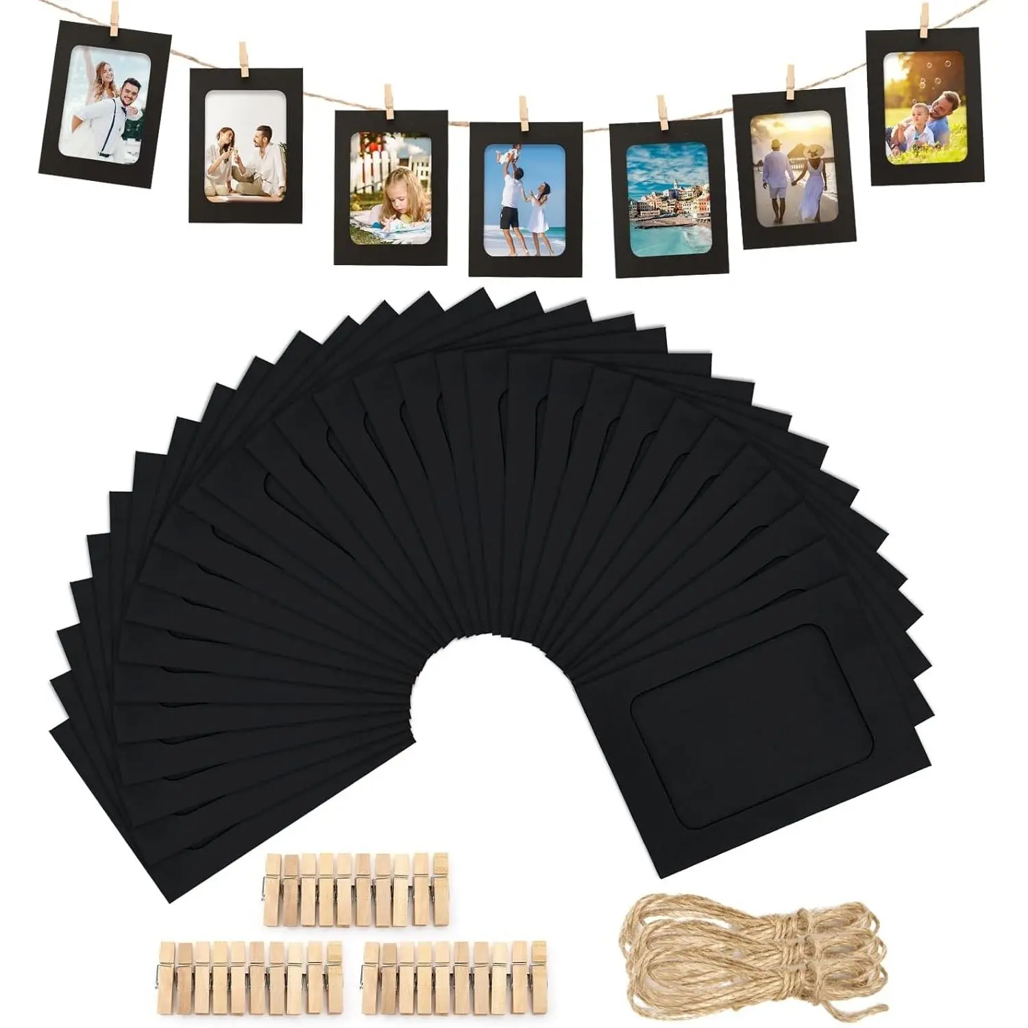 30Pcs Paper Picture Frames - 4x6'' Black Paper Photo Frames Cardboard Picture Frames with Clip and String DIY Clip Photo Holders Photo Hanging Display Kit Wall Decoration for Home Party Office