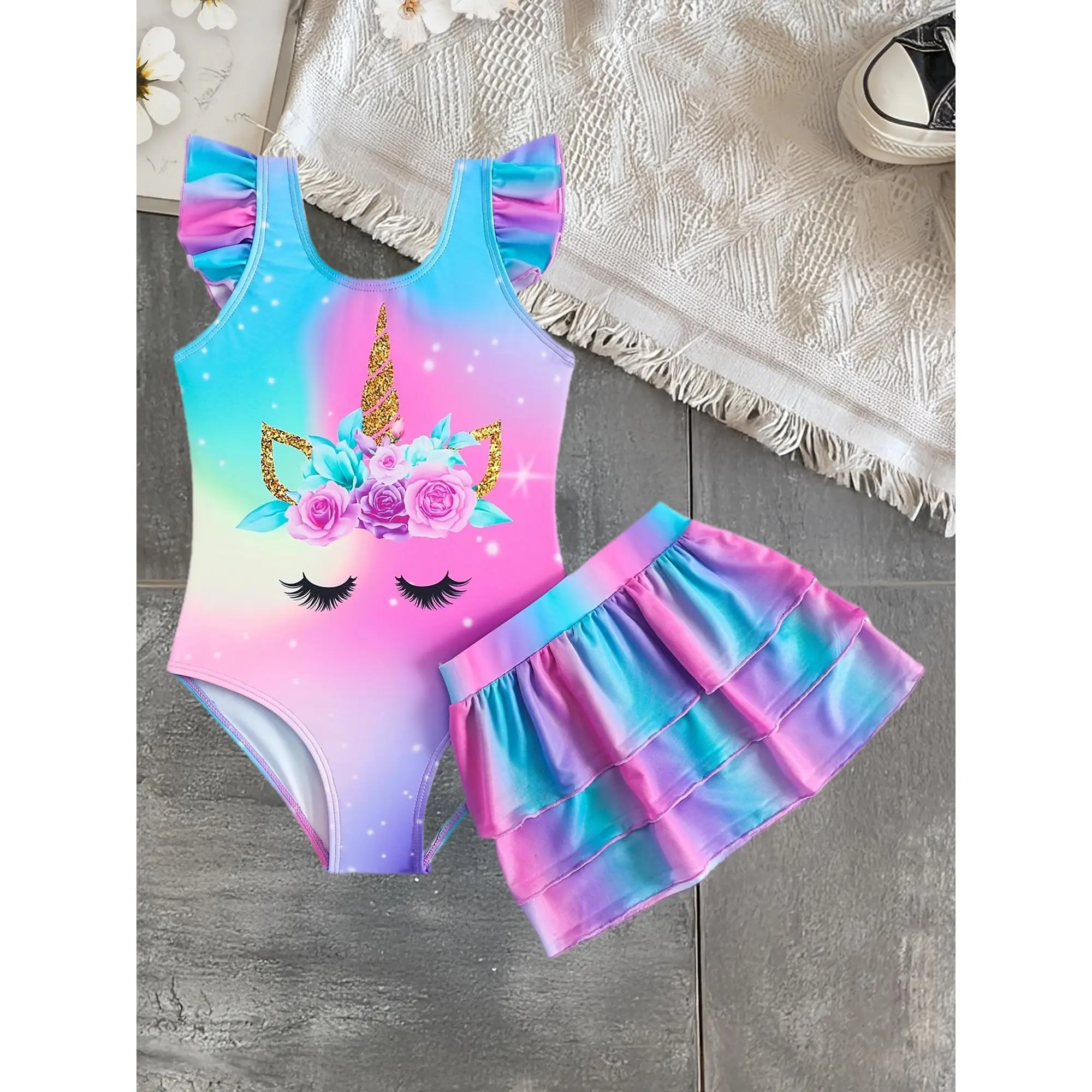 Baby And Toddler Girl Unicorn One-Piece Swimsuit with Mesh Swim Skirt Ruffled Shoulders Children Swimwear for Kids Girls Bathing Suits