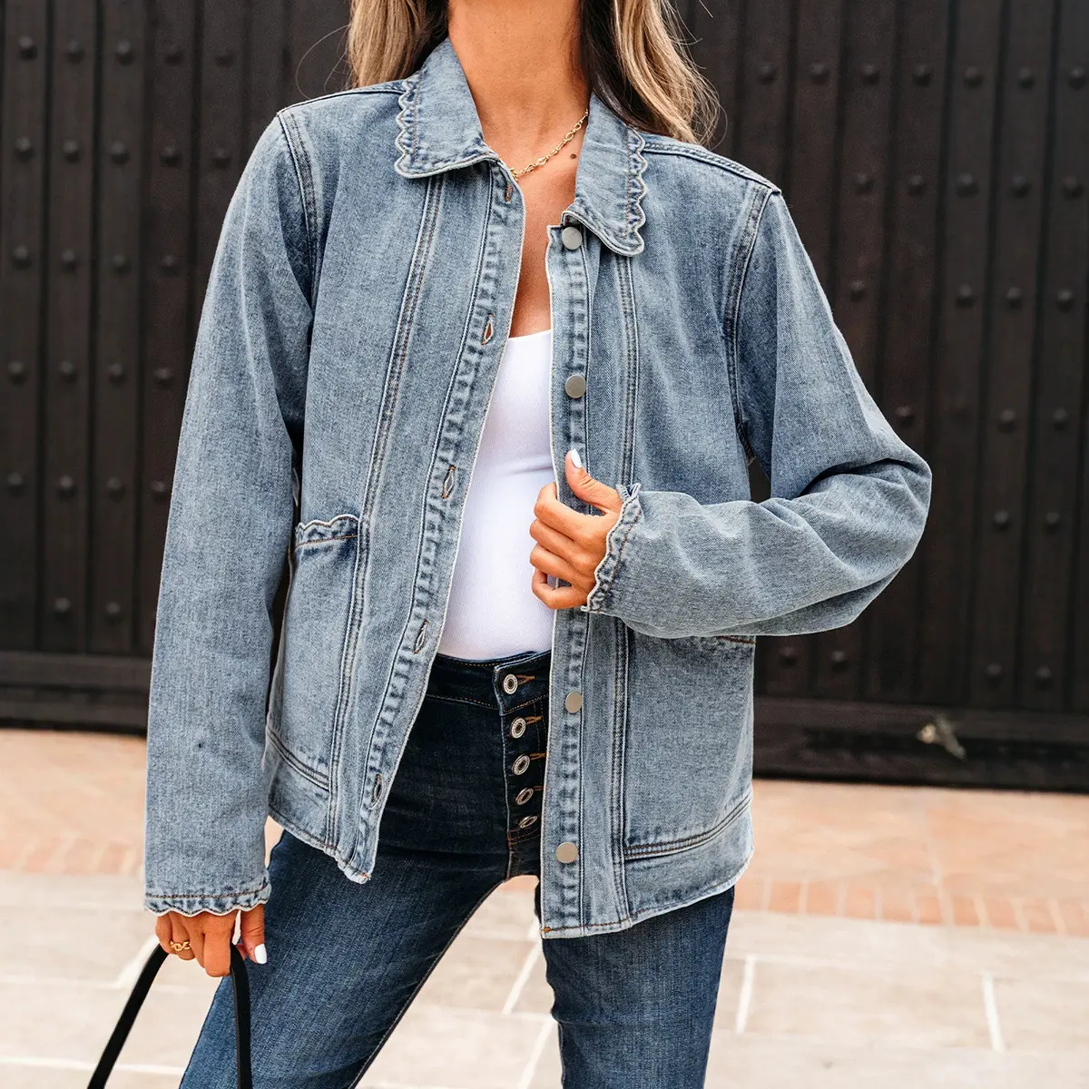 Women's Jean Jacket Long Sleeve Button Down Ruffled Denim Jacket Shacket DealsForYouDays summerwins WeeklyDeals Summer Outfit