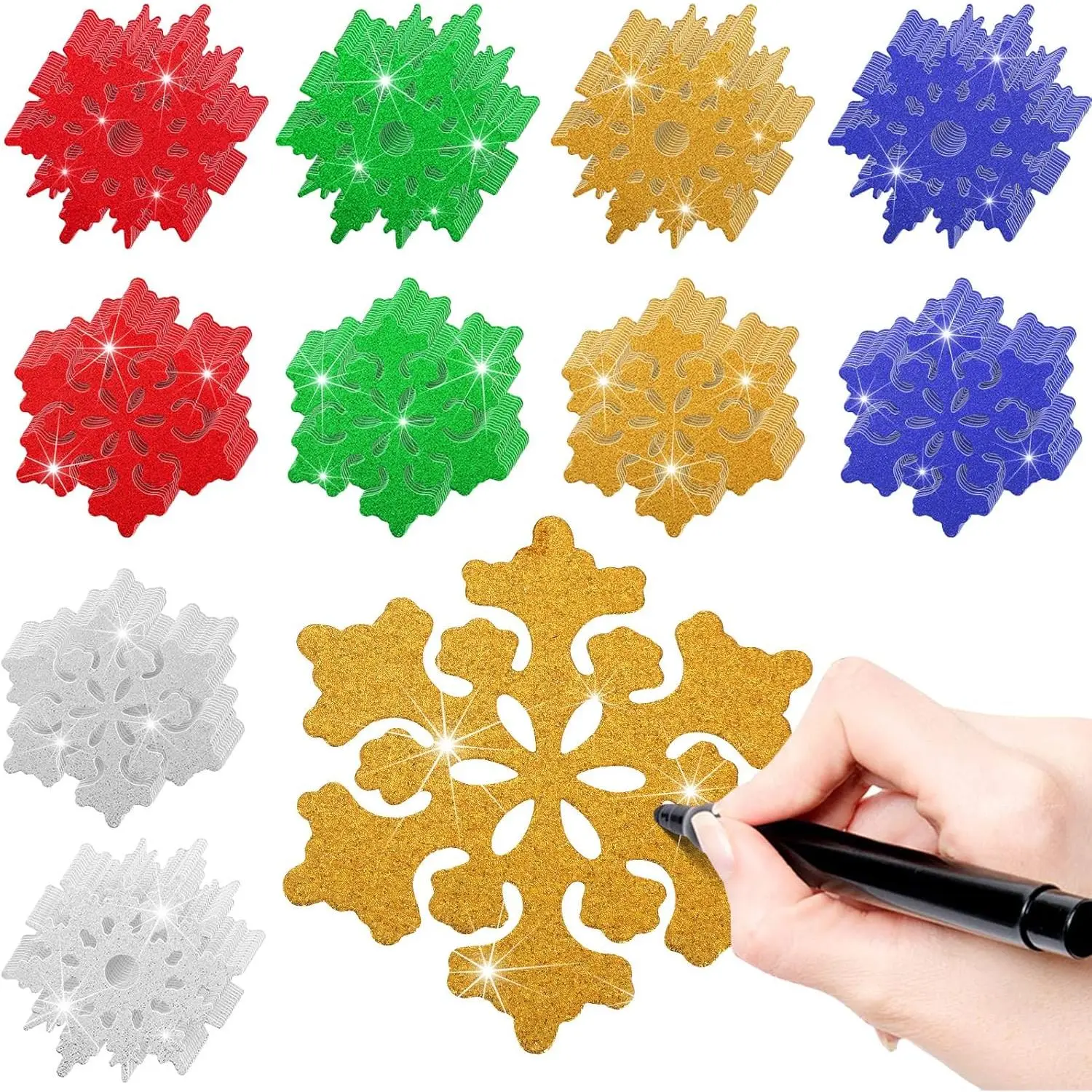 100 count Colorful Snowflake Cutouts with Glue Point 4 Inch Glitter Snowflake Shape Cutouts Paper Decorations for DIY Projects Craft Classroom Bulletin Board Winter Holiday Party Decor