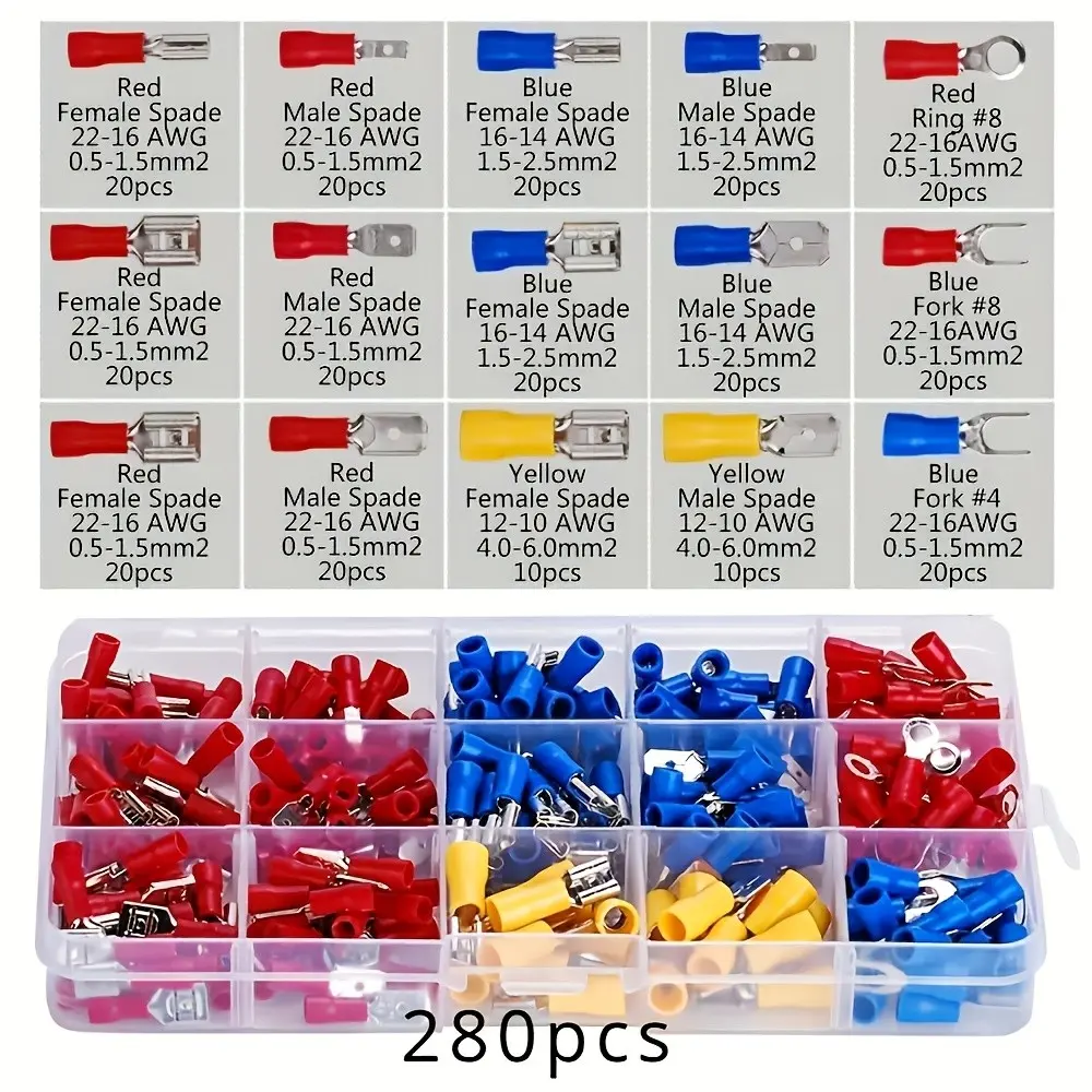 280pcs Cold Press Terminal Set, Round Fork Pre-Insulated Terminals, Home Circuit Wire Crimp Connectors, Multi-Specification Kit