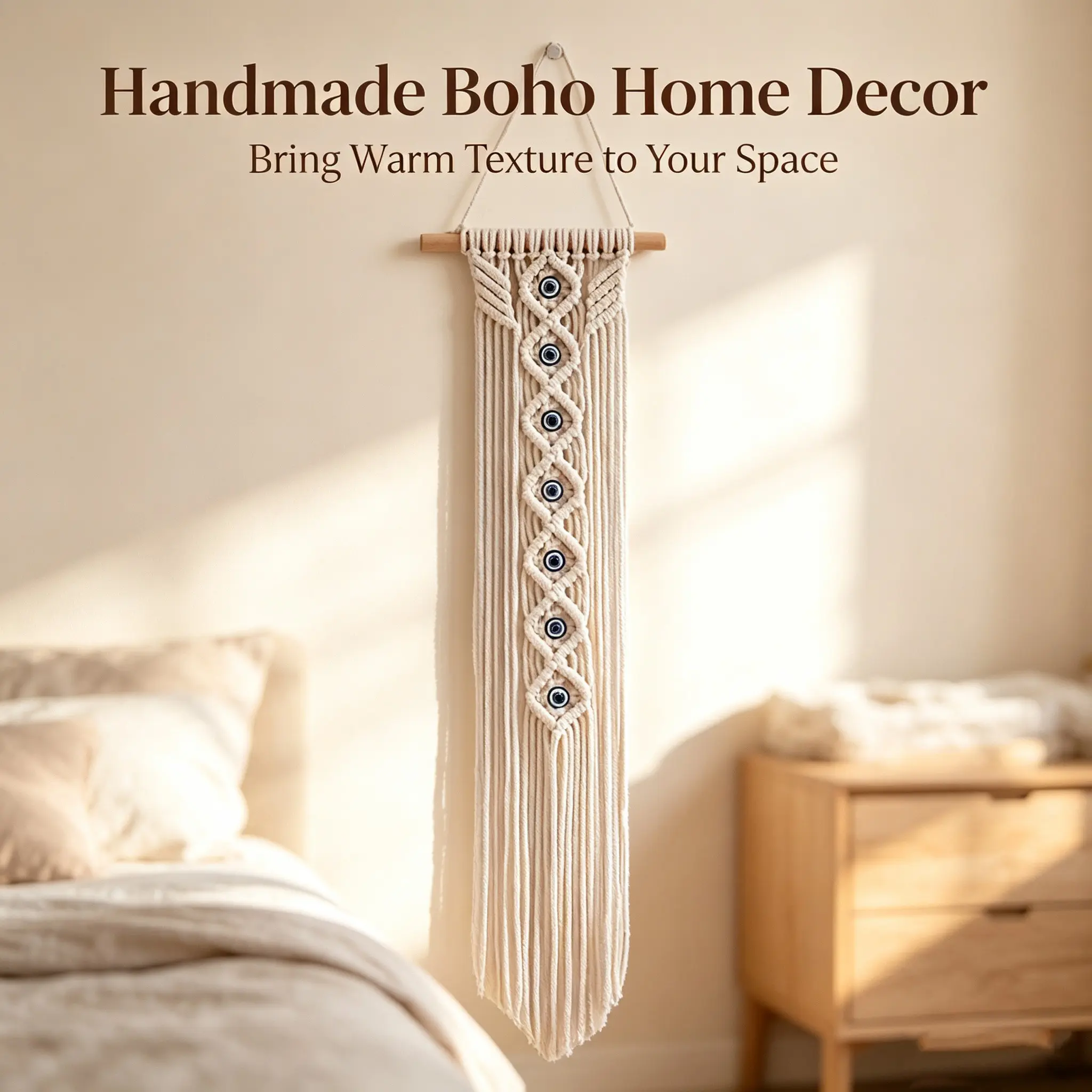 Handmade Boho Wall Hanging, Neutral Woven Door Decoration, Modern Home Decor for Bedroom, Apartment & Dorm Room, Stylish Interior Accessory