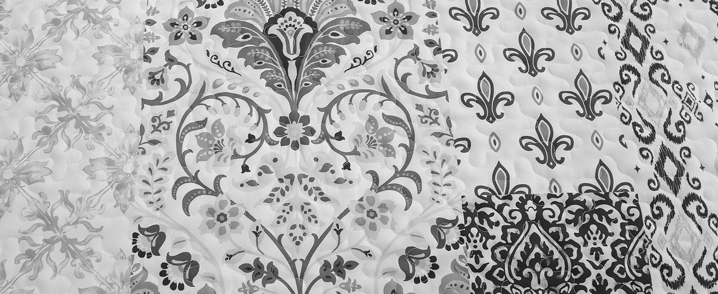 Grey Set King Size,Bohemian Floral Patchwork Bedspread Coverlet Set, Soft 3 Pieces Boho Bedspreads Bedding Set for All (104"x90")