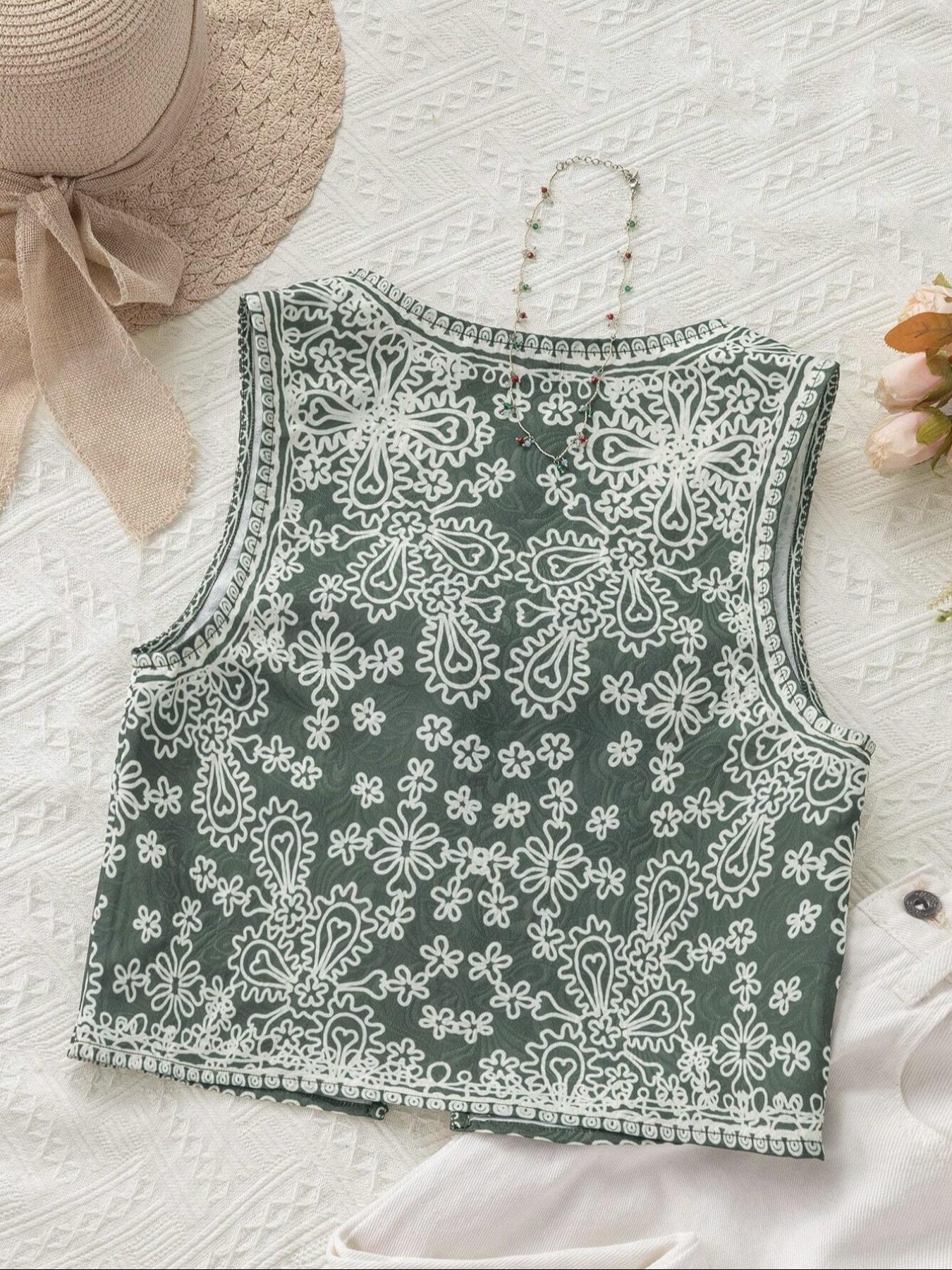 Women's Floral Ethnic Pattern Tie Front V Neck Vest Jacket without Necklace, Boho Sleeveless Outerwear for Summer, Ladies Clothes for Beach Vacation Holiday, Womenswear