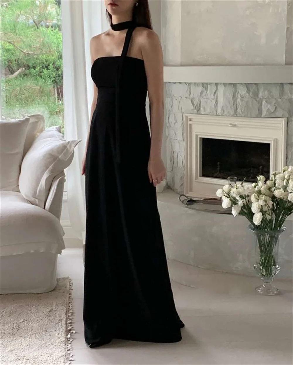 Black Strapless Korean Minimalist Evening Dress – High-End Banquet Gown, Slimming Forest Light Wedding Dress for Women, Birthday Ceremony