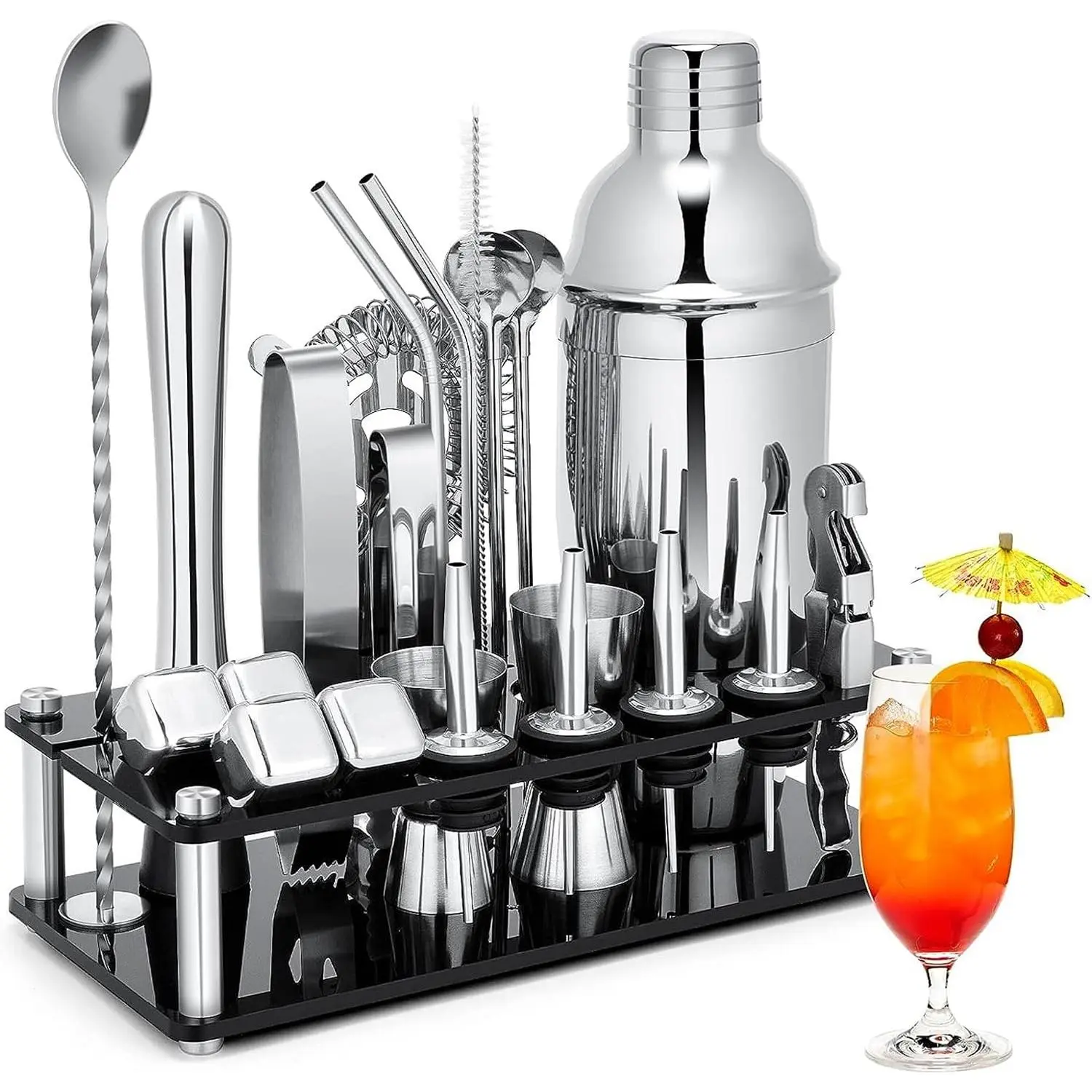 Cocktail Shaker Set, 23-Piece Stainless Steel Bartender Kit with Acrylic Stand & Cocktail Recipes Booklet, Professional Bar Tools for Drink Mixing, Home, Bar, Party (Include 4 Whiskey Stones)