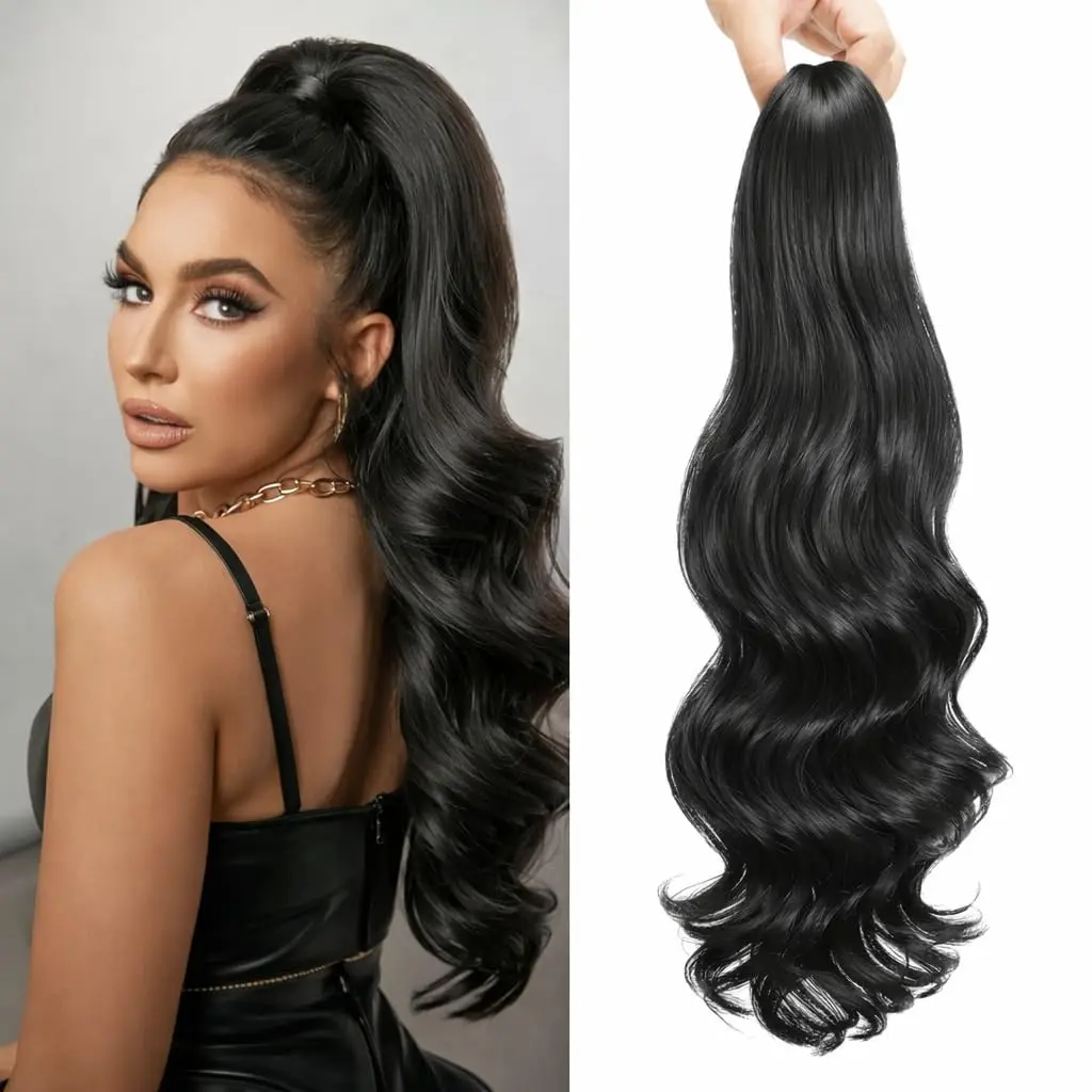 20 Inch Long Wavy Claw Clip Ponytail Extension - Synthetic Hair  for Women & Girls, Clip-  Black Ponytail