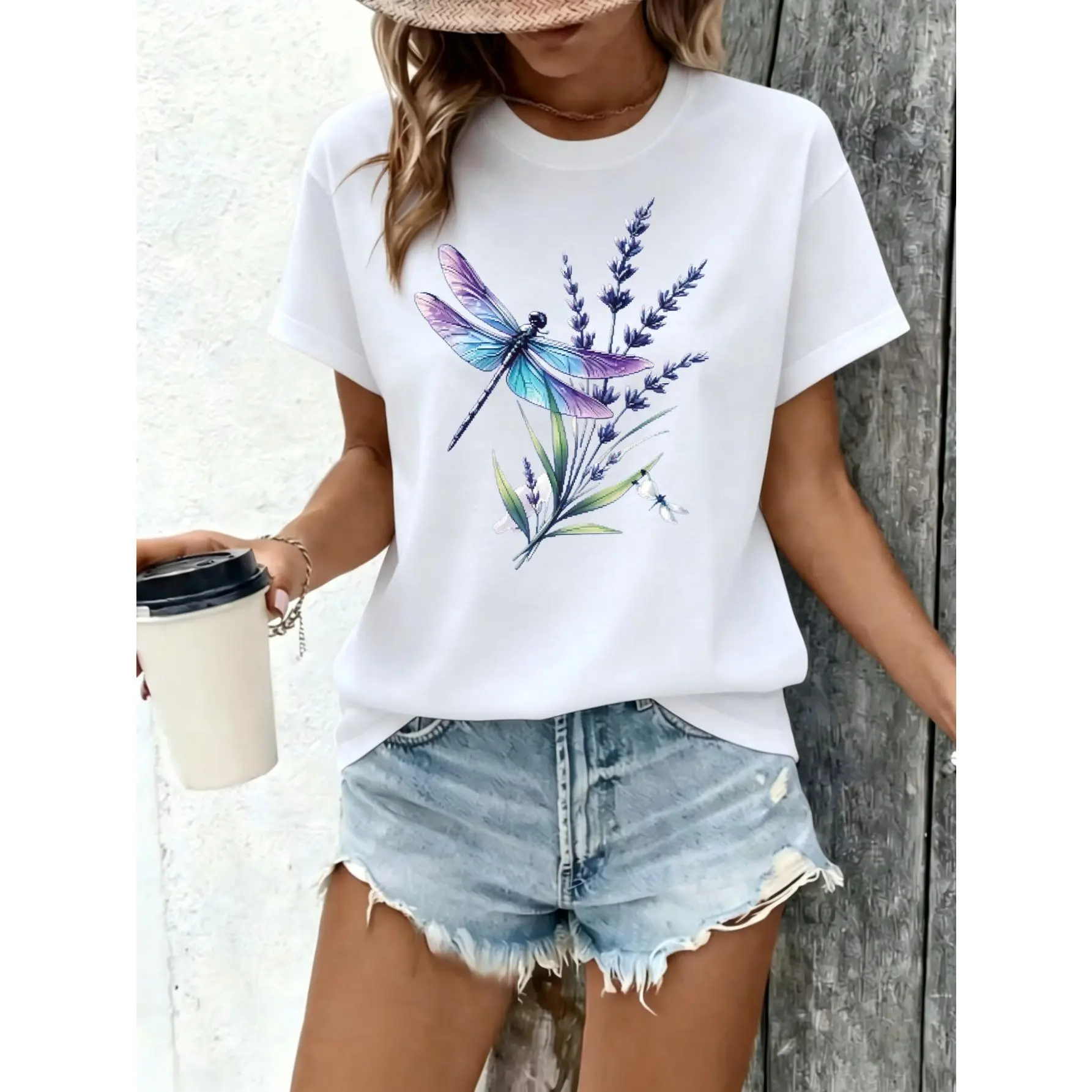 Women'S Watercolor Dragonfly And Lavender Graphic T-Shirt - Soft Daily Wear Crew Neck T-Shirt - Floral Dragonfly Nature Tee - All Season Casual Top - Purple And Blue Watercolor Print - Botanical Boho Outfit