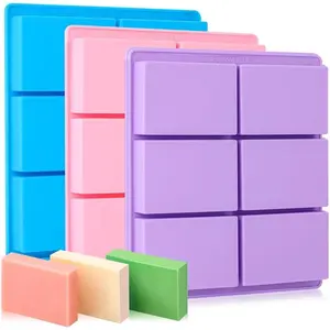 Silicone Soap Molds 3 Packs, 6 Cavity Rectangle Mold for Homemade Craft Soap Making, Suitable for Jelly, Chocolate & Ice Cube Trays(Blue, Purple & Pink)